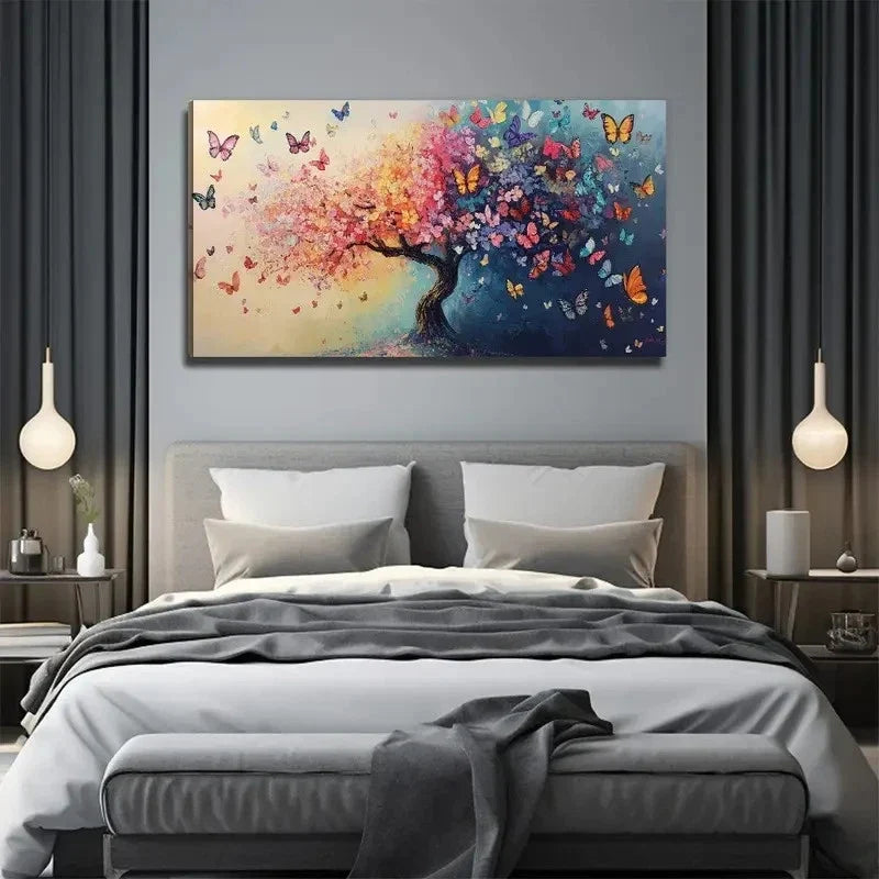 Big Tree Flowers Butterflies Wall Art Canvas Office Home Room Framed 80x45cm