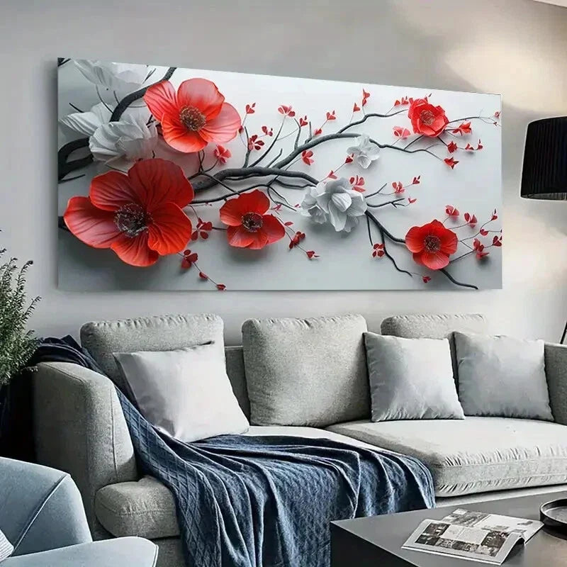 Tree Red White Flowers Stroke Wall Art Canvas Office Home Room Framed 120x60cm