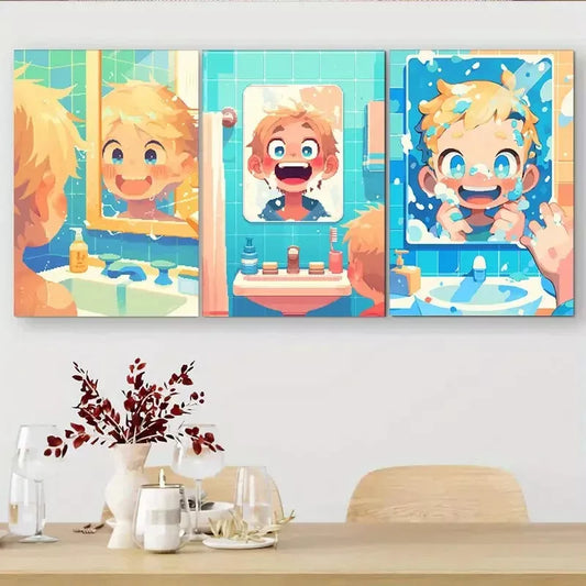 3pcs  Cute Boy Washing Face Comic - style Wall Art Set Canvas Framed 40x60cm - High Quality Print 100% Australian Made Wall Canvas Ready to Hang