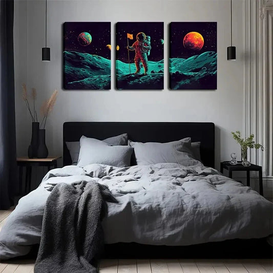 3pcs Black Starry Outer Space World Wall Art Set Canvas Framed 40x60cm - High Quality Print 100% Australian Made Wall Canvas Ready to Hang