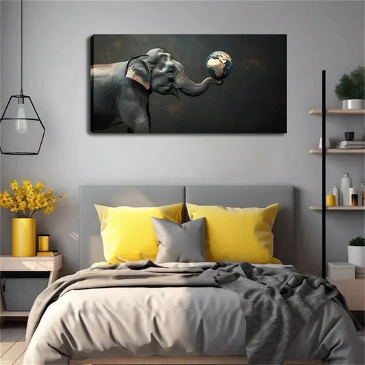 Abstract Elephant Globe Décor Wall Art Canvas Office Home Room Framed 120x60cm