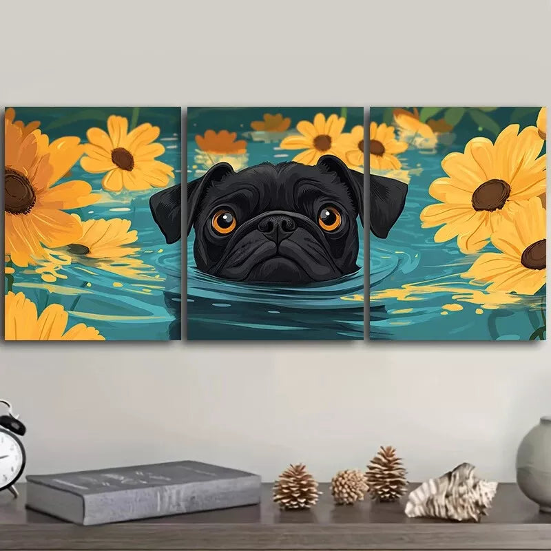 3pcs  Cute Pug Swimming In Water Nature Wall Art Set Canvas Framed 40x60cm - High Quality Print 100% Australian Made Wall Canvas Ready to Hang