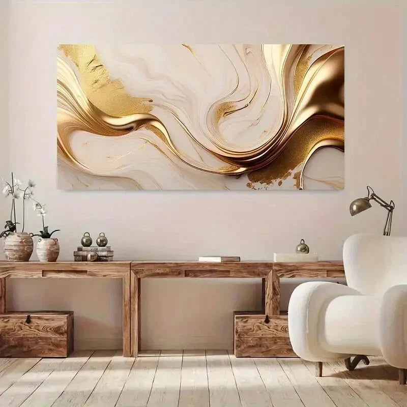 Beige & Golden Marble Liquid Wall Art Canvas Office Home Room Framed 120x60cm