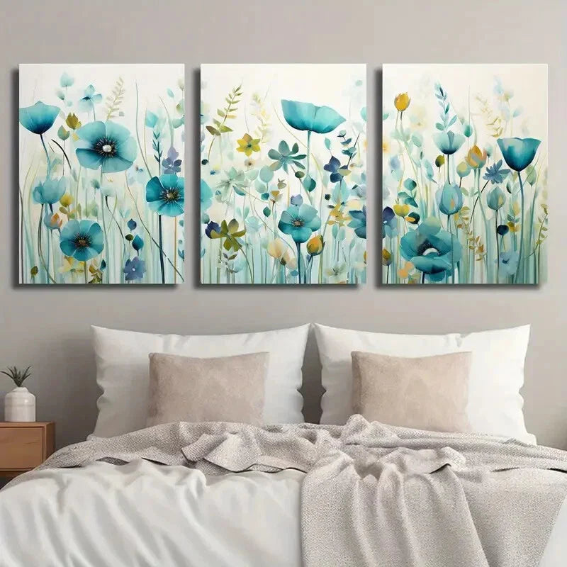 3pcs Beautiful Light Blue Wildflower Field Wall Art Set Canvas Framed 40x60cm - High Quality Print 100% Australian Made Wall Canvas Ready to Hang