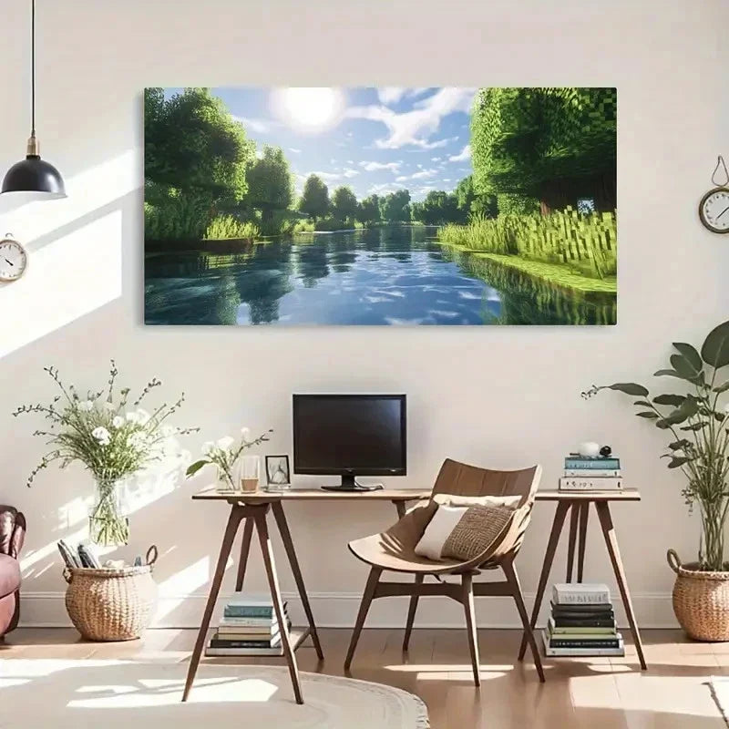 Serene River Landscape Lush Wall Art Canvas Office Home Room Framed 120x60cm