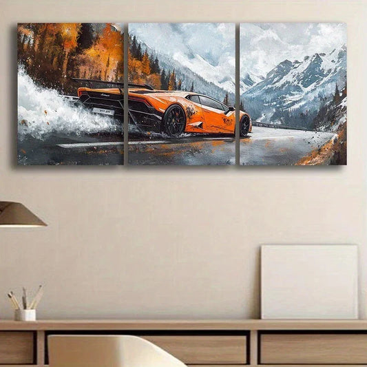 3pcs Luxurious Orange Black Hypercar Metal Print Ready to Hang Art