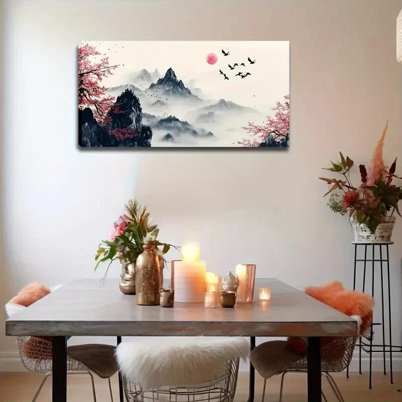 Mountain and Cherry Blossom Wall Art Canvas Office Home Room Framed 120x60cm