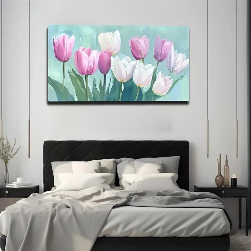 White & Light Blue Pink Tulip Wall Art Canvas Office Home Room Framed 120x60cm