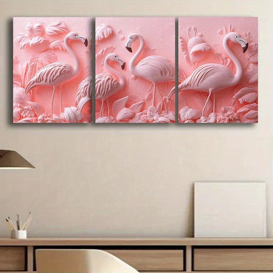 3pcs Pink Themed Flamingo Birds Modern Metal Print Ready to Hang Art