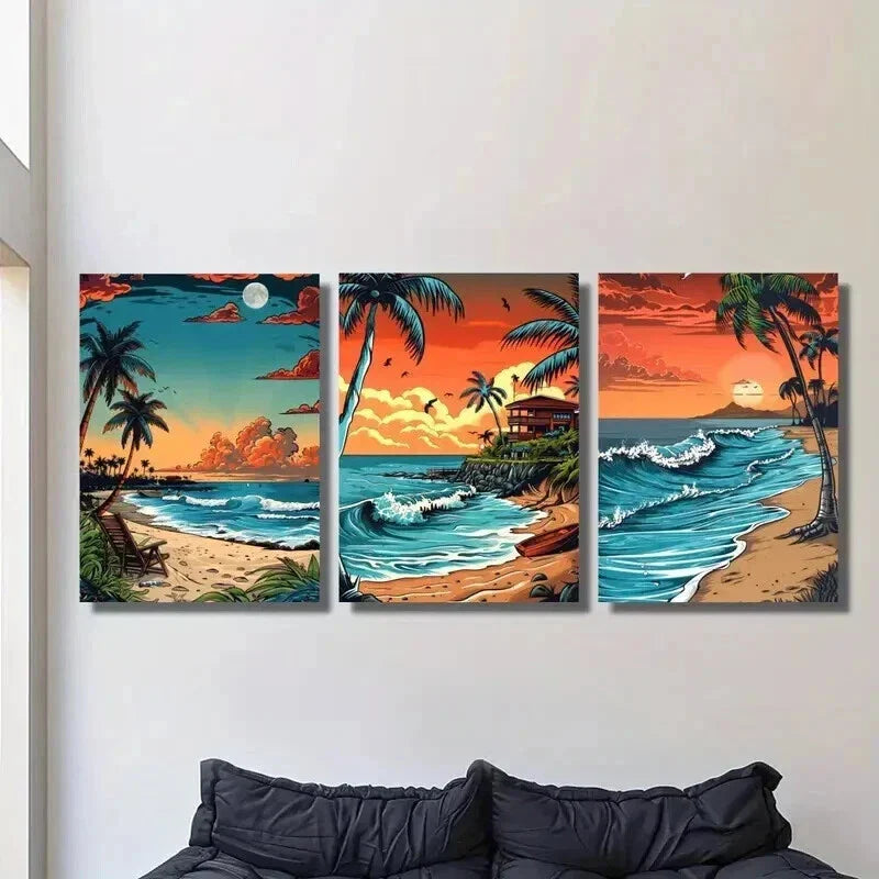 3pcs Tropical Beach Seascape Illustration Wall Art Set Canvas Framed 40x60cm - High Quality Print 100% Australian Made Wall Canvas Ready to Hang