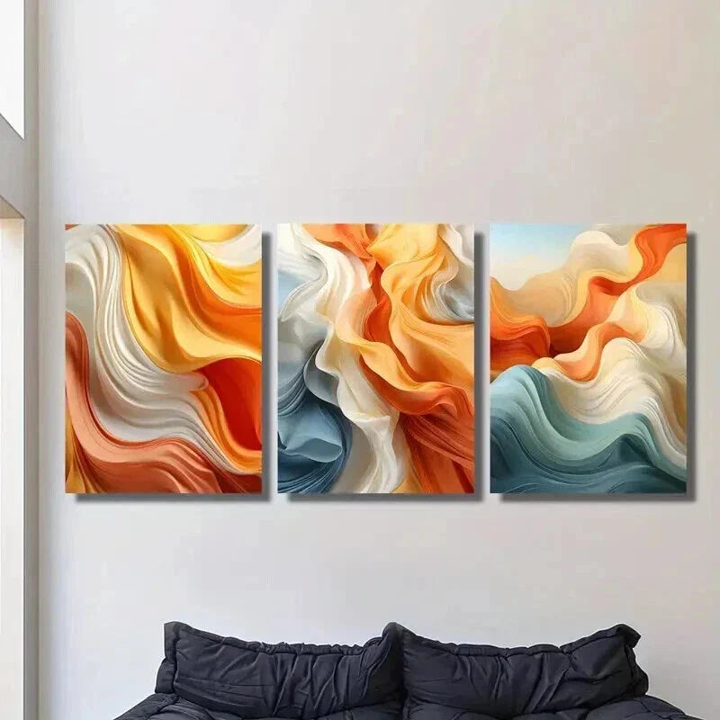 3pcs Orange and White Flowing Waves Wall Art Set Canvas Framed 40x60cm - High Quality Print 100% Australian Made Wall Canvas Ready to Hang