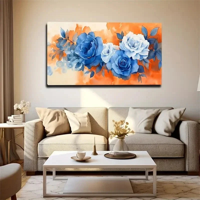 Vibrant Blue And Orange Flowers Wall Art Canvas Office Home Room Framed 120x60cm