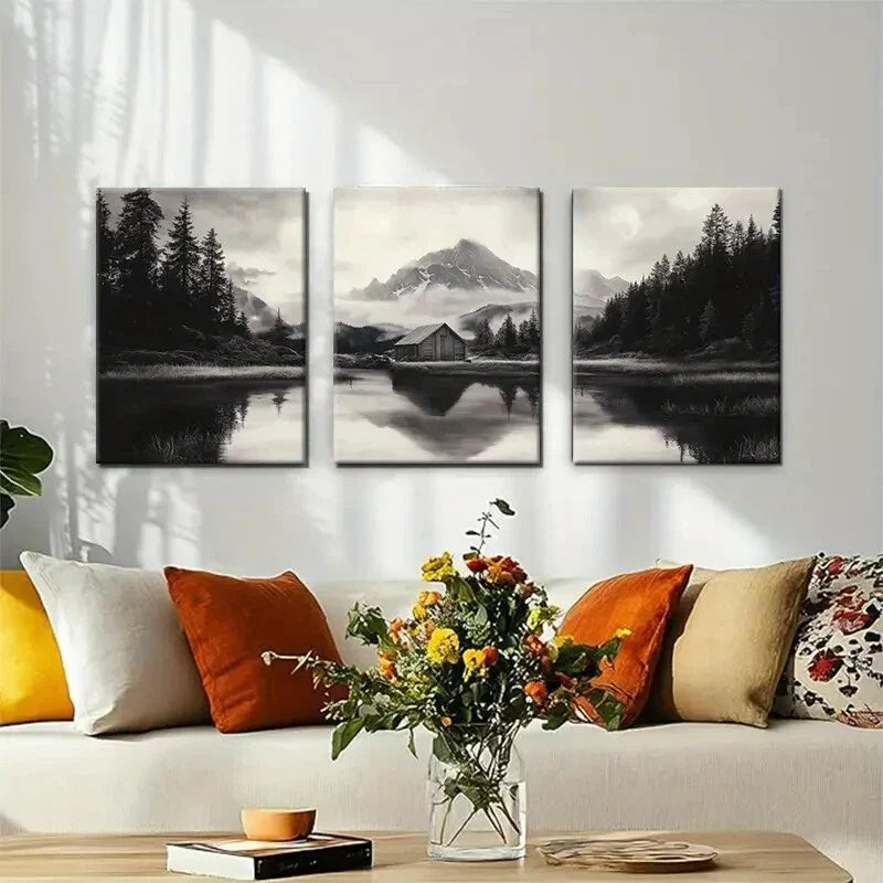 3pcs Misty Lake and Cabin Tranquil Perfect Wall Art Set Canvas Framed 40x60cm - High Quality Print 100% Australian Made Wall Canvas Ready to Hang