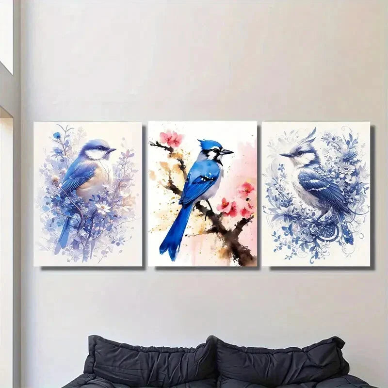 3pcs Watercolor Bird Bluebird Paintings Metal Print Ready to Hang Art