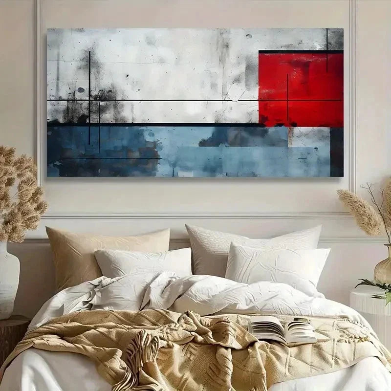 Red Blue & White Geometric Wall Art Canvas Office Home Room Framed 120x60cm