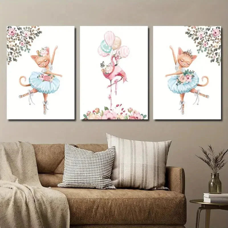 3pcs Kitten Ballet Pink Flamingo & Floral Design Wall Art Set Canvas Framed 40x60cm - High Quality Print 100% Australian Made Wall Canvas Ready to Hang