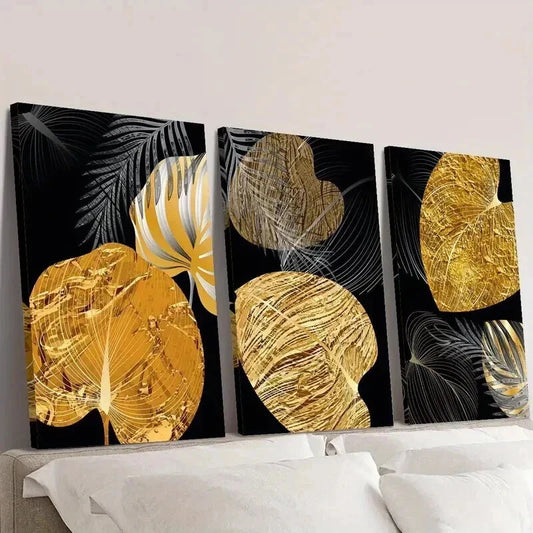 3pcs Abstract Nordic Golden Plant Leaves Wall Art Set Canvas Framed 40x60cm - High Quality Print 100% Australian Made Wall Canvas Ready to Hang