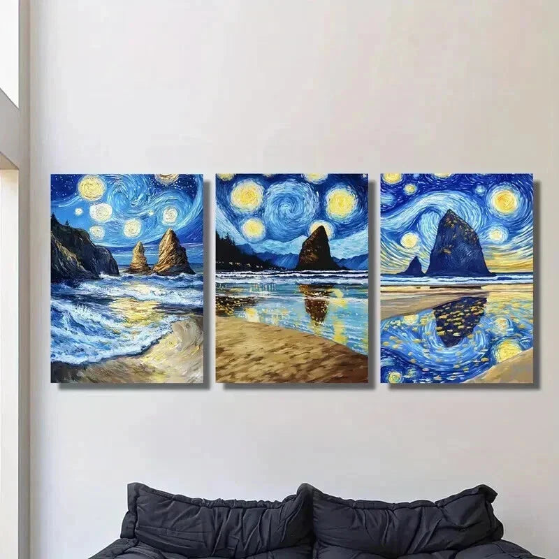 3pcs Van Gogh Starry Sky Landscape Wall Art Set Canvas Framed 40x60cm - High Quality Print 100% Australian Made Wall Canvas Ready to Hang