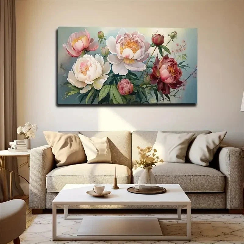 Vibrant Peonies & Roses Wall Art Canvas Office Home Room Framed 120x60cm