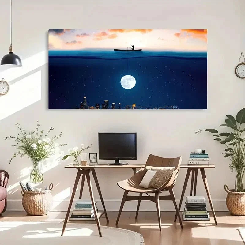 Natural Landscape Moon Over Wall Art Canvas Office Home Room Framed 80x45cm
