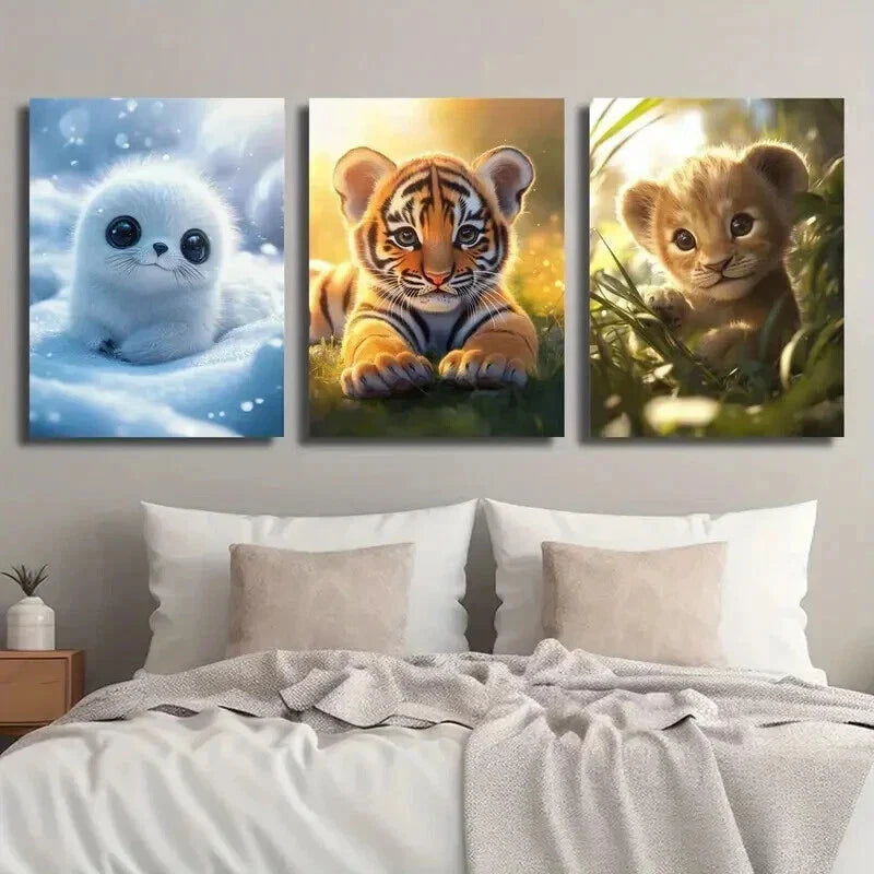 3pcs Snowy Tiger Snowy Tiger & Lion Cub on Grass Wall Art Set Canvas Framed 40x60cm - High Quality Print 100% Australian Made Wall Canvas Ready to Hang