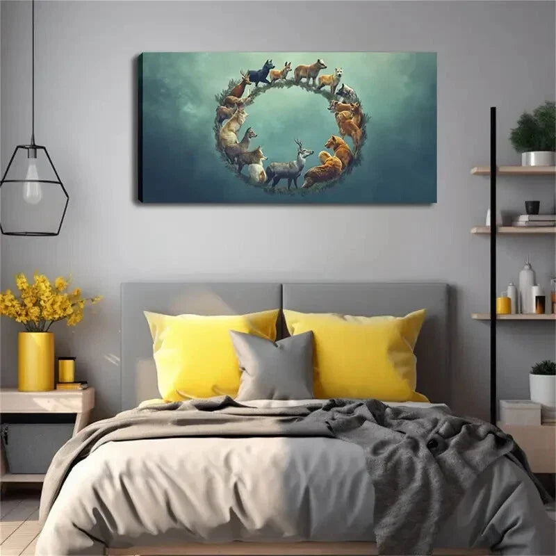 Animals In A Circle Decoration Wall Art Canvas Office Home Room Framed 80x45cm