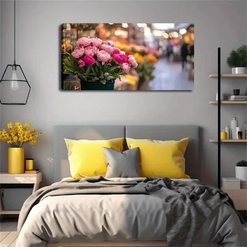 Bunch Of Flower Bustling Street Wall Art Canvas Office Home Room Framed 120x60cm