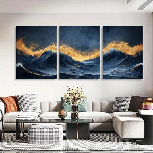 3pcs Golden Ocean Waves with Fiery Glow Perfect Wall Art Set Canvas Framed 40x60cm - High Quality Print 100% Australian Made Wall Canvas Ready to Hang