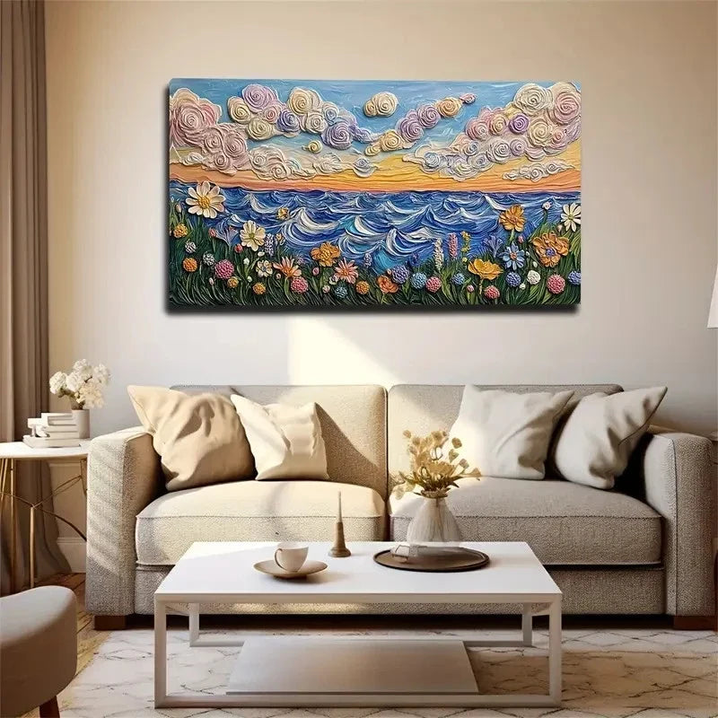Vibrant Flowers & Sunset Sky Wall Art Canvas Office Home Room Framed 120x60cm