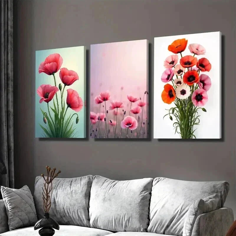 3pcs Poppy Flower Vibrant Pink & Orange Poppy Wall Art Set Canvas Framed 40x60cm - High Quality Print 100% Australian Made Wall Canvas Ready to Hang