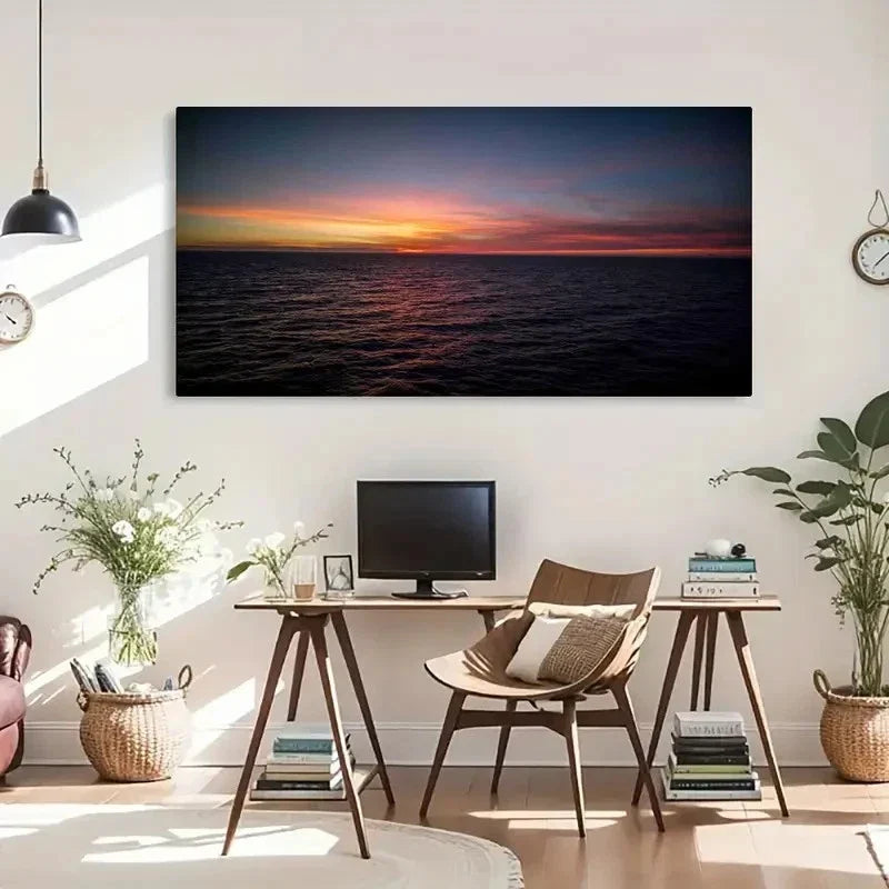 Silent Ocean Sunset Retro Wall Art Canvas Office Home Room Framed 120x60cm