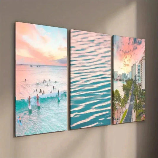 3pcs Surfing Sunset Ocean Waves Decor Wall Art Set Canvas Framed 40x60cm - High Quality Print 100% Australian Made Wall Canvas Ready to Hang