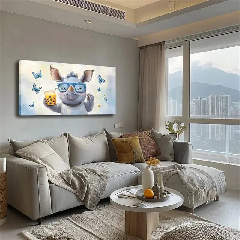 Joyful Rhino With Yellow Drink Wall Art Canvas Office Home Room Framed 120x60cm
