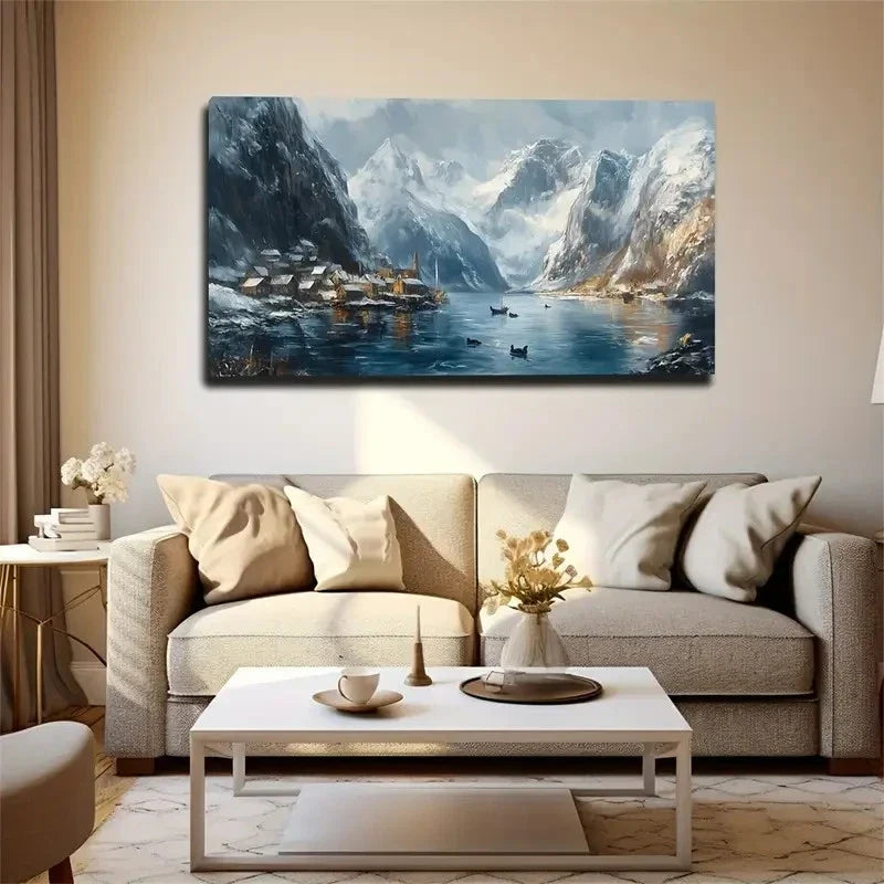 Snow Mountain Flowing Wall Art Canvas Office Home Room Framed 80x45cm