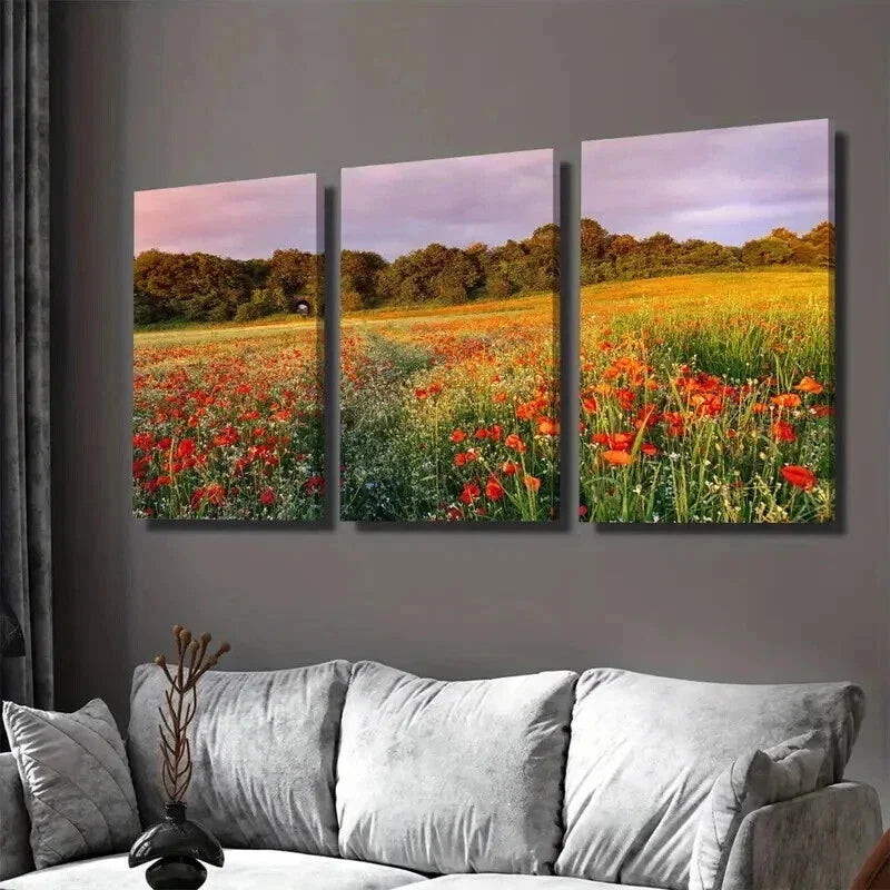 3pcs Beautiful Poppy Field Triptych Wall Art Set Canvas Framed 40x60cm - High Quality Print 100% Australian Made Wall Canvas Ready to Hang