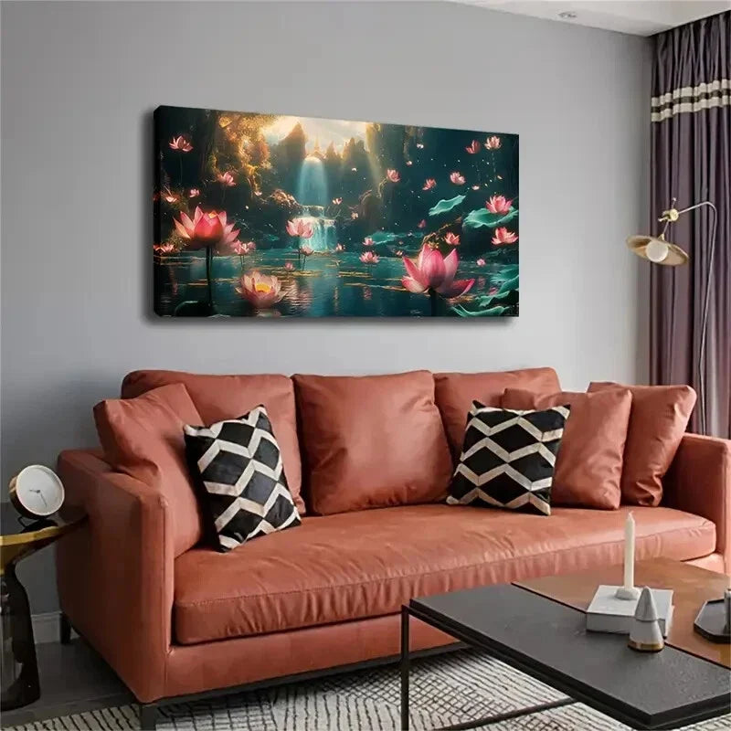 Water Lilies with Vibrant Petal Wall Art Canvas Office Home Room Framed 80x45cm