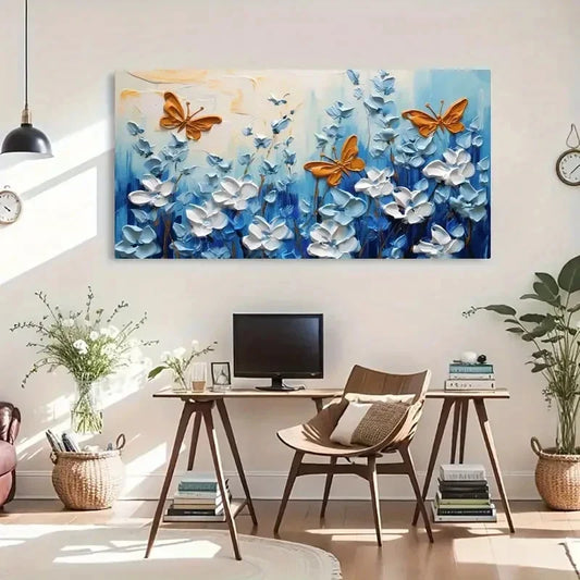 Botanical & Butterfly White Wall Art Canvas Office Home Room Framed 120x60cm