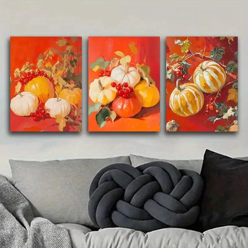 3pcs Pumpkins and red fiscalberry Metal Print Ready to Hang Art
