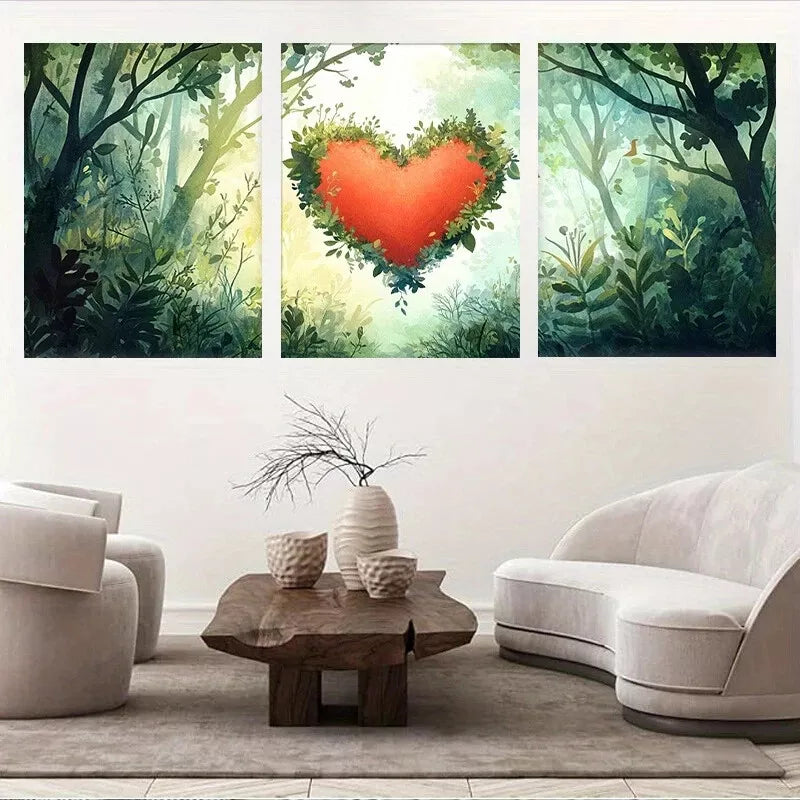 3pcs  Nature Lush Forest Heart-Shaped Foliage  Wall Art Set Canvas Framed 40x60cm - High Quality Print 100% Australian Made Wall Canvas Ready to Hang