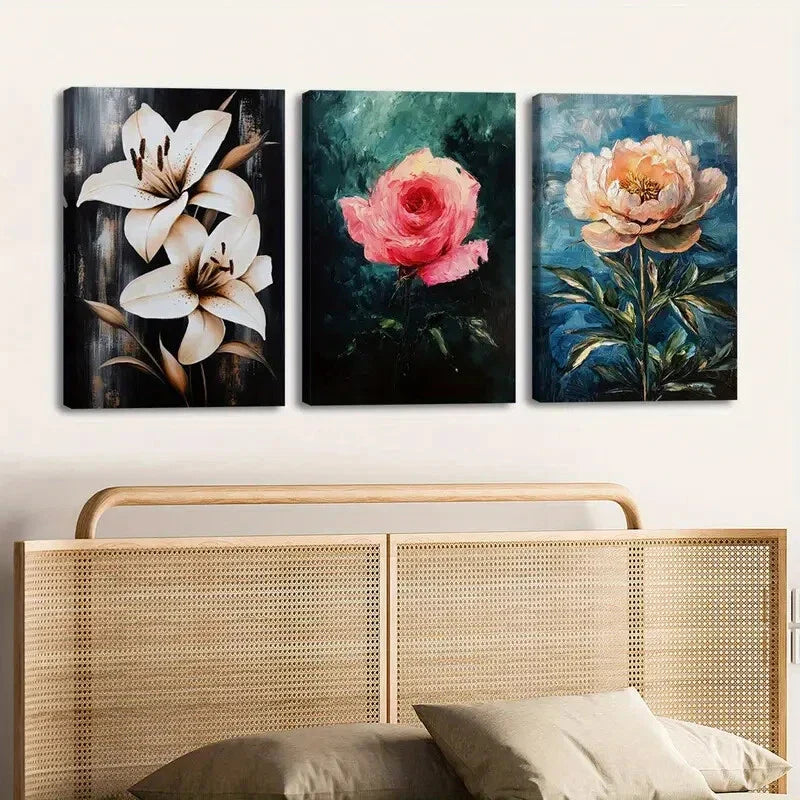 3pcs Florals Lily Rose Black Green & Blue Leaves Wall Art Set Canvas Framed 40x60cm - High Quality Print 100% Australian Made Wall Canvas Ready to Hang