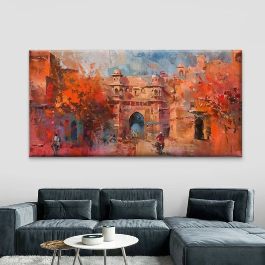 Abstract Indian Cityscape Wall Art Canvas Office Home Room Framed 80x45cm