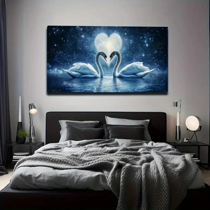Romantic Swan & Moon Night Wall Art Canvas Office Home Room Framed 120x60cm