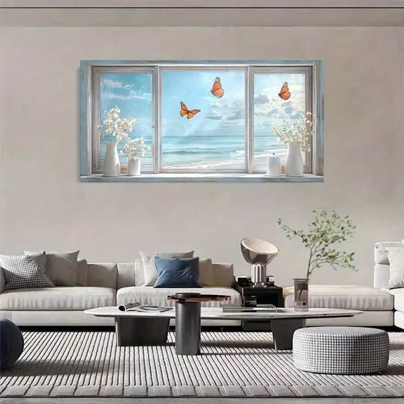 Ocean View With Butterflies Wall Art Canvas Office Home Room Framed 120x60cm