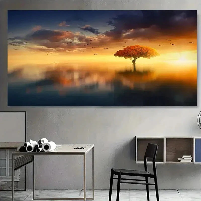 Vibrant Sunset Hues Central Wall Art Canvas Office Home Room Framed 120x60cm