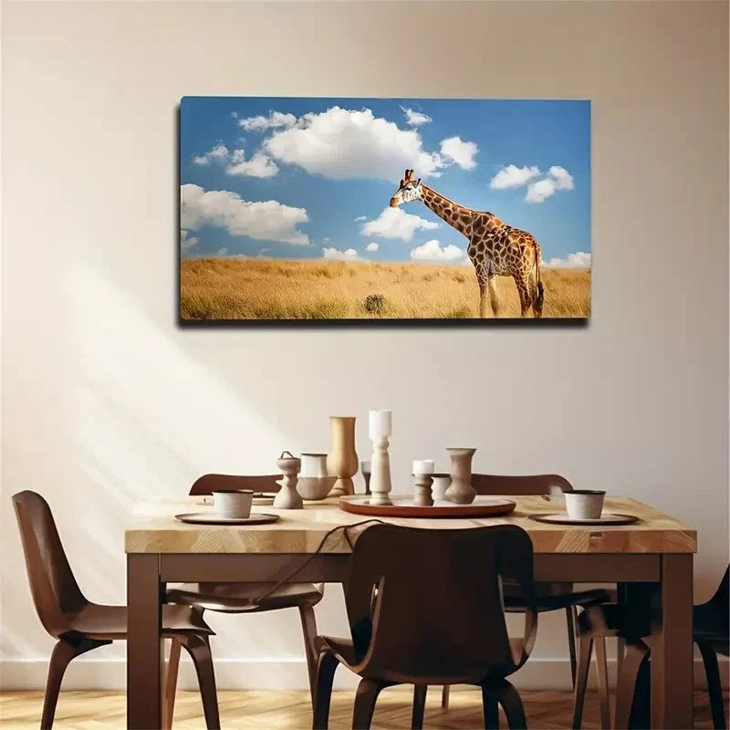 Lonely Giraffe The Grassland Wall Art Canvas Office Home Room Framed 80x45cm