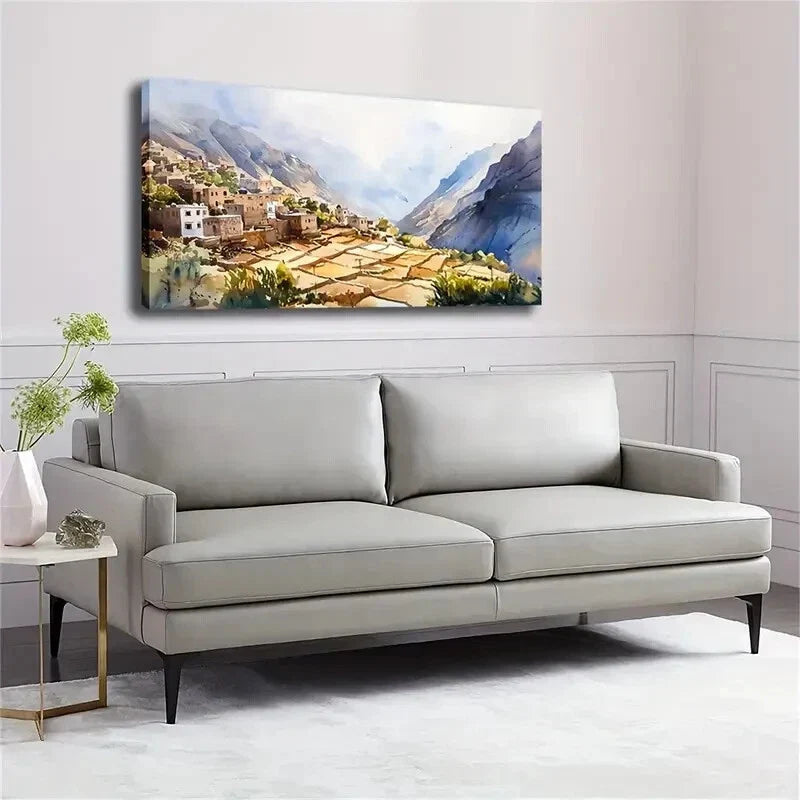 Mountain Village Scene Décor Wall Art Canvas Office Home Room Framed 120x60cm