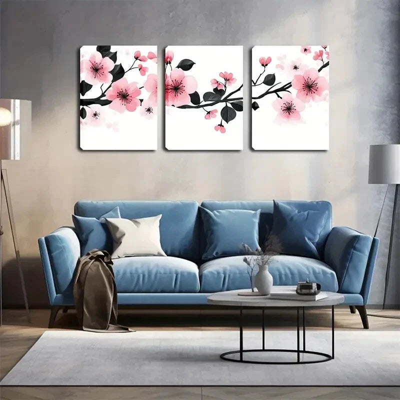 3pcs ink Flowers Black Stamens Modern  Wall Art Set Canvas Framed 40x60cm - High Quality Print 100% Australian Made Wall Canvas Ready to Hang