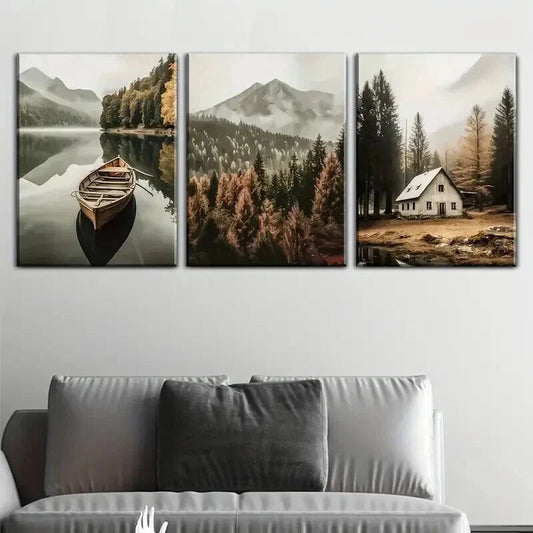 3pcs Rural Farmhouse and Lake View Wall Art Set Canvas Framed 40x60cm - High Quality Print 100% Australian Made Wall Canvas Ready to Hang