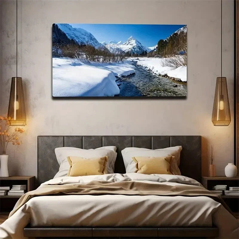 Snowy Mountains And River Wall Art Canvas Office Home Room Framed 80x45cm