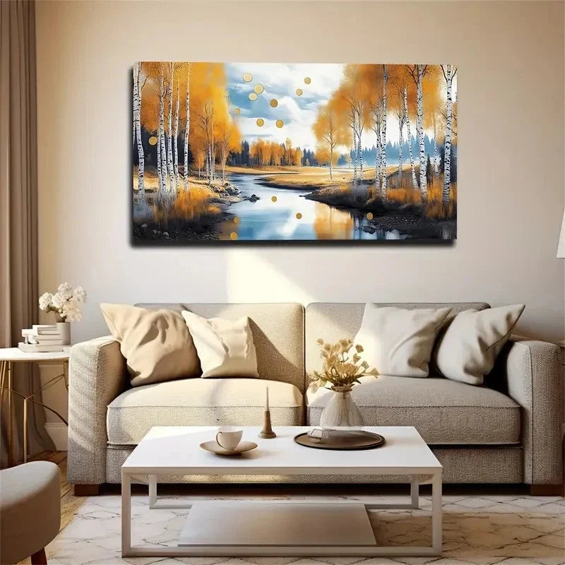 Realistic Autumn Birch Trees Wall Art Canvas Office Home Room Framed 120x60cm